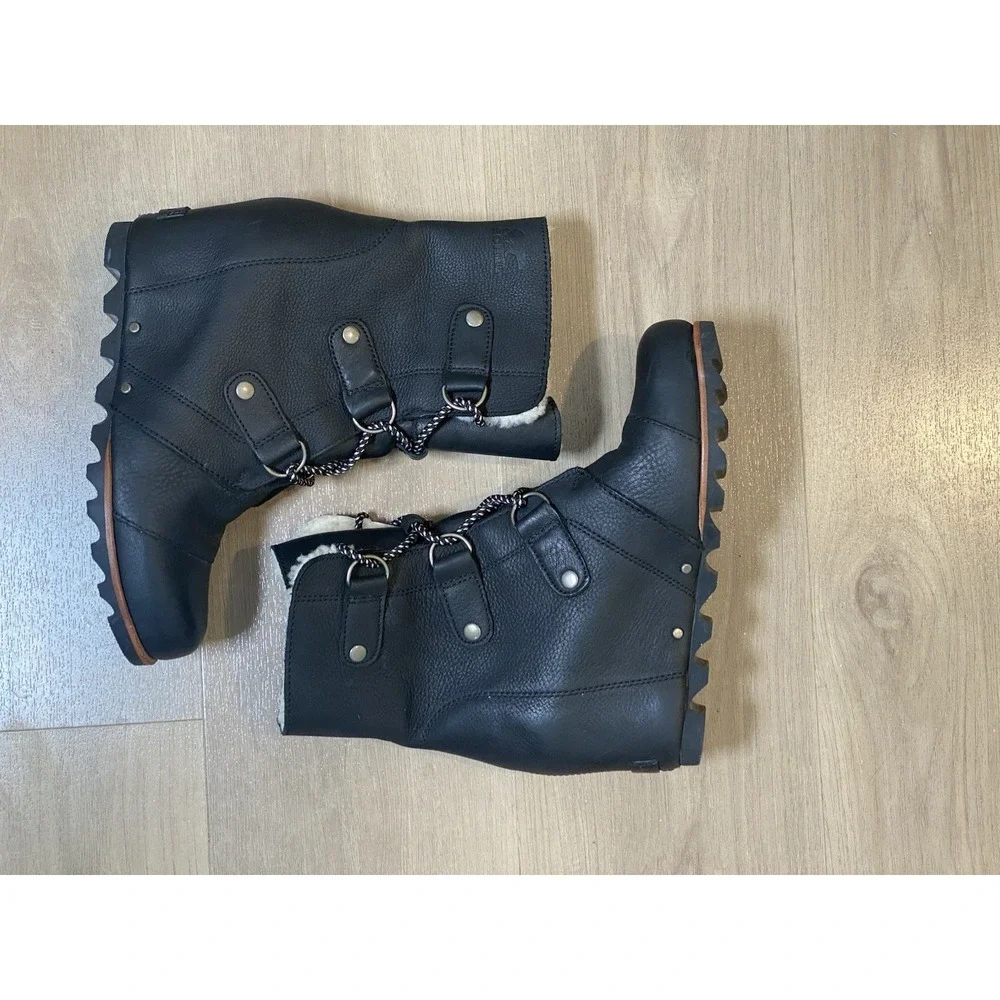 Sorel Joan of Arctic Wedge Black Leather Shearling Winter Snow Boots Women's 8.5